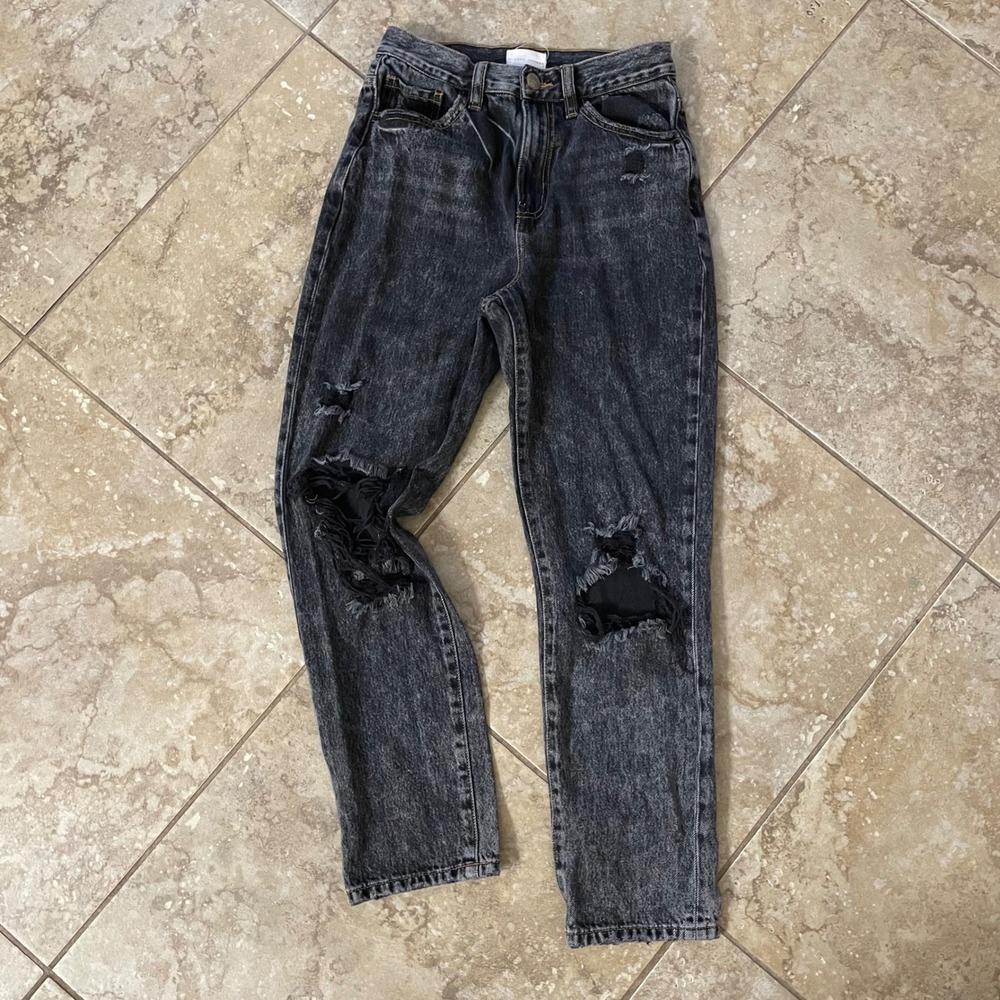 Gilded Intent 90s Straight Leg Jeans Acid Wash Distressed Black Denim Size 24